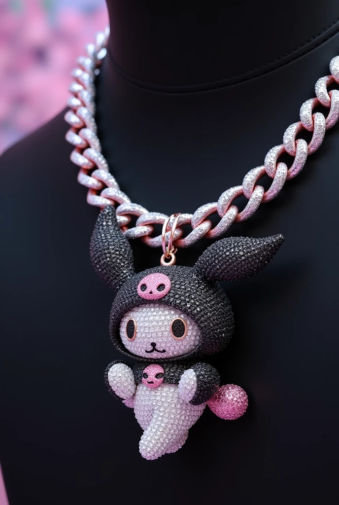 A Cuban-style chain necklace with a pendant featuring Kuromi is a fictional character. She is a naughty and somewhat rebellious bunny from the world of My Melody. Kuromi has a black hood with a pink skull in the center and a clown collar and a black demon tail, three-pointed triangular ears with two little balls on the tip of the female ear, and a white body. . Made of diamonds, diamond scraps facing forward.