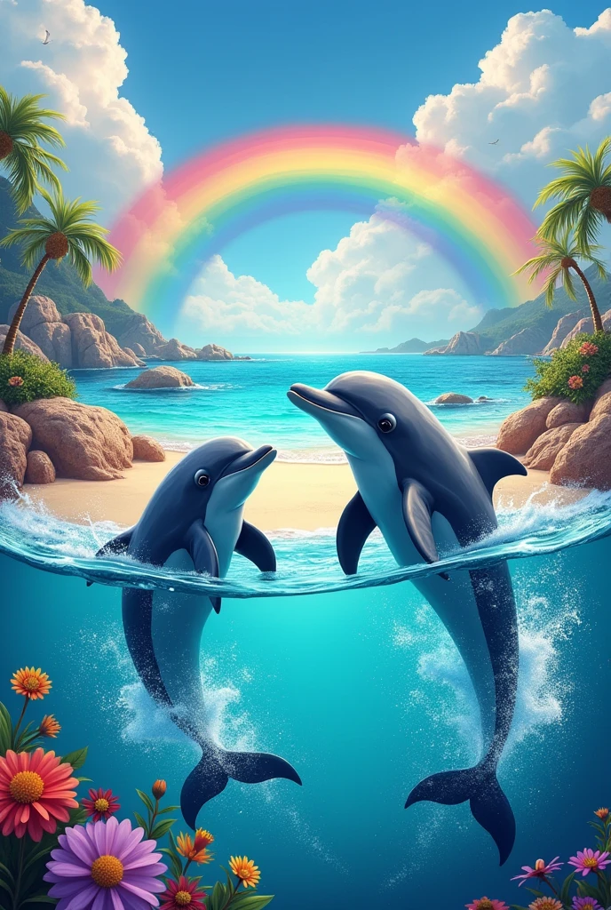 Create two colorful dolphins in the sea with a rainbow in the background and make the beach colorful too