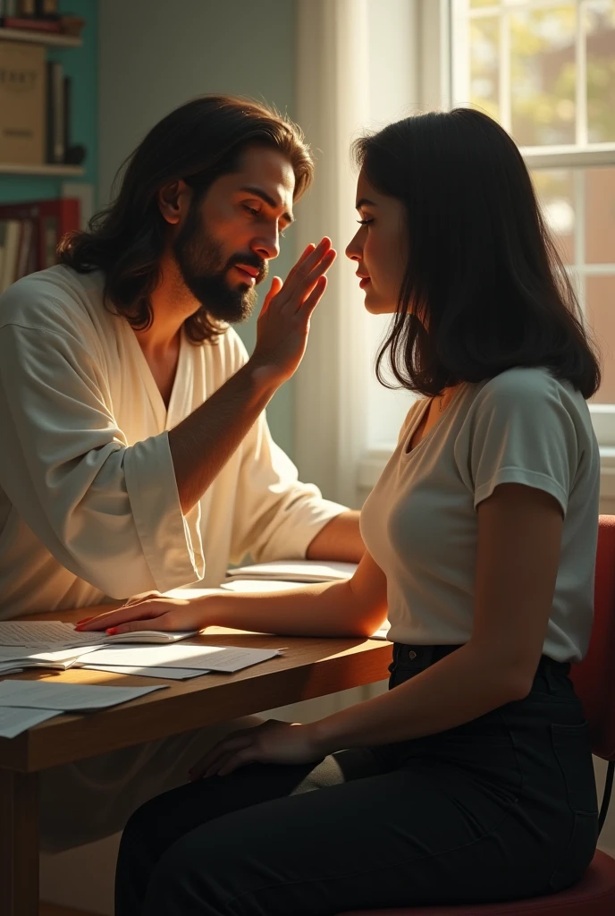 A young Brazilian woman with medium, dark straight hair,Caucasian skin,a little chubby,wearing black twill pants and a t-shirt. She is sitting in front of several papers and Jesus is giving her a kiss on the temple..