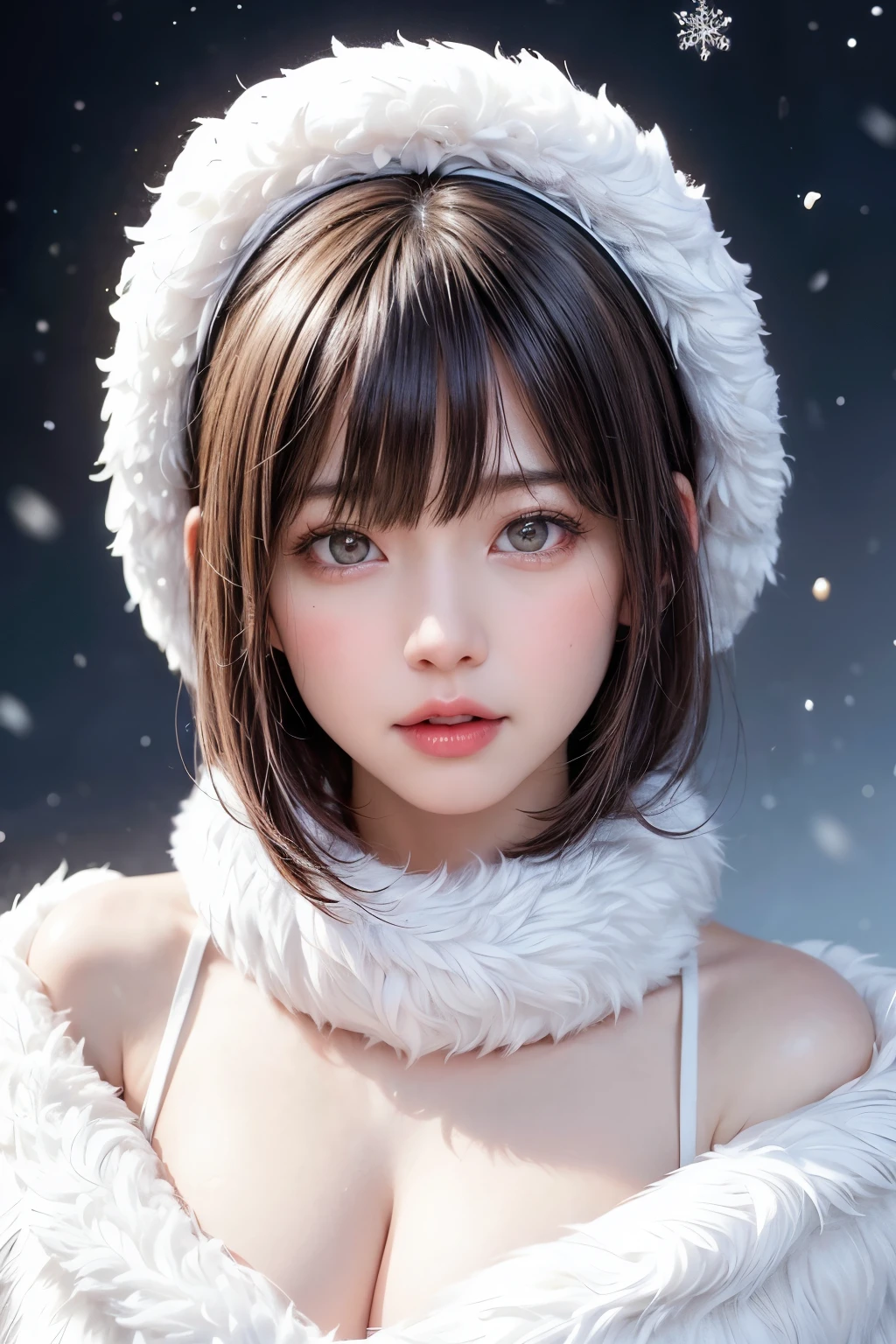 (masterpiece, Highest quality),One Girl, solo, Black-haired, scarf, hat, Realistic, Realistic, Looking at the audience, Light-coloured black eyes, Short brunette bob hair, Brown coat, Winter clothes, White headscarf, Lips, Bans, Plein Air, Mouth closed, Upper body、Big eyes、Eyelashes、((Beautiful landscape with sparkling snow、Beautiful snowy landscape background with no people around))、(((Short bob hair with bangs、Shiny Hair、Big eyes、large full chest、Intensely accentuates the eyes、Staring at the audience、Beautiful beauty、Listen carefully、Long neck、Smile a little、Please close your mouth and laugh、Ideal body proportions)))、{huge|big|hugeな|Mega} chest:2, chestの谷間:2、