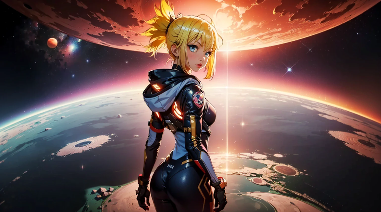 ((1woman, (solo, 1girl, alone), kohaku, blonde hair, blue eyes, tied hair)), smug, ((solo, (1woman, pink lipstick), Extremely detailed, ambient soft lighting, 4k, perfect eyes, a perfect face, perfect lighting, a 1girl)), austere, ((Girl in Pluguit rear facing, Looking at a bright red planet in space. Scenes are extremely detailed and the clarity is extraordinary, spacesuit))