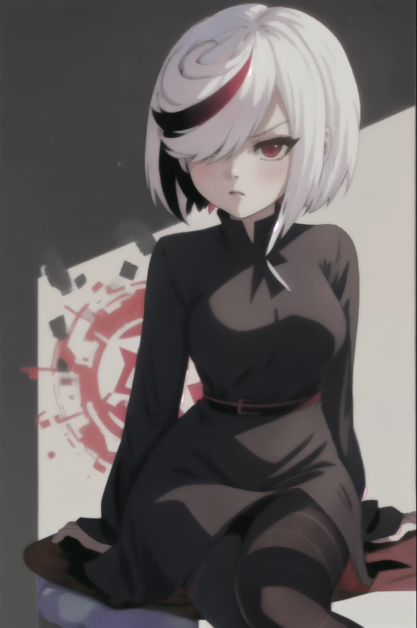 sthsage, Sage as an Adult, ((lower back length hair)), white hair, multicolored hair, hair over one eye, red eyes, black dress, black pantyhose, sitting, blank expression, ((lab background)), medium breasts, long sleeves, 
