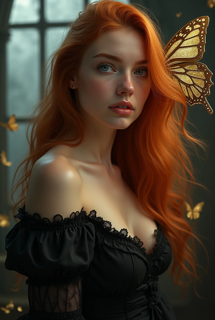 (solo, full body photo:1.3), (action packed:1.3), (haze, fog, mist:1.3), chiaroscuro, best quality, photorealistic, 1woman, (cute), (24yo:1.2), redhead, long ginger hair highly detailed, 1700'S, digital photography, art by artgerm and ruan jia and greg rutkowski surreal painting gold butterfly filigree, broken glass, (masterpiece, sidelighting, finely detailed Fashionable eyes: 1.2) (perfect oval large eyes that gazes at the viewer), beautiful detailed face, blue gorgeous perfect eyes, (blonde hair ponytail), (attractive young woman:1.3), (thick amazing hair), (seductive:1.1), (blushing:1.1)