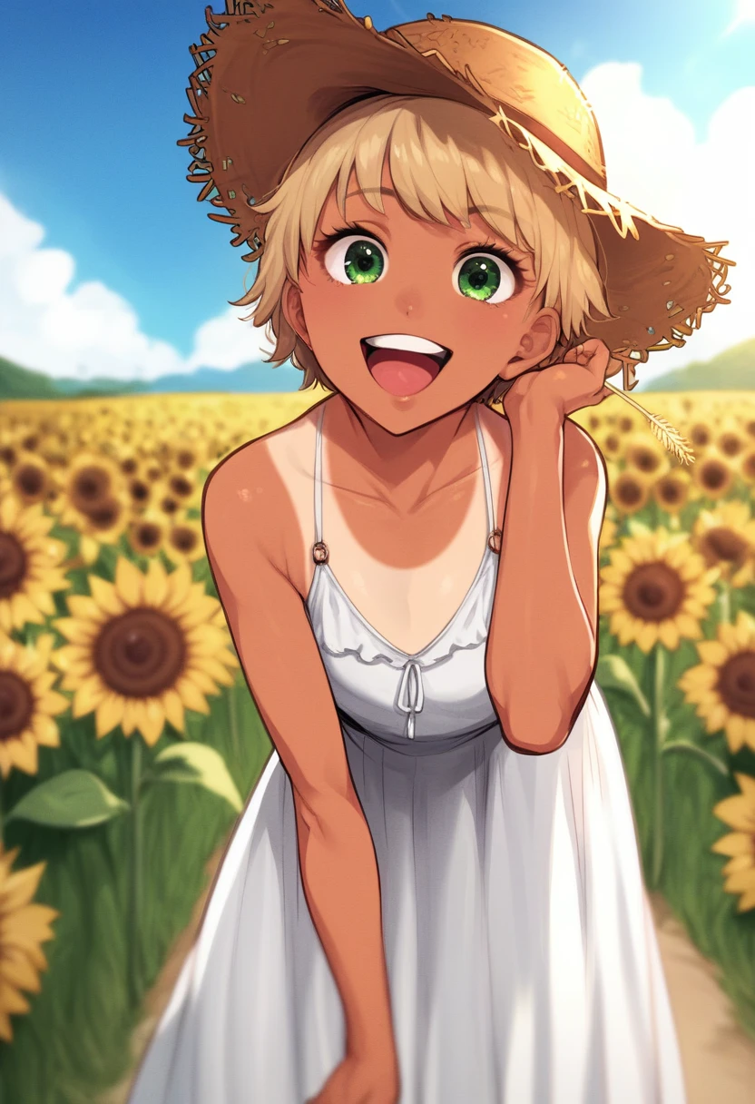 score_5_up, score_6_up, 
1girl, solo, standing, leaning forward, looking at viewer, wearing (white dress,hat, straw_hat), short hair, green eyes, happy, tanlines, outdoors, sunflower field