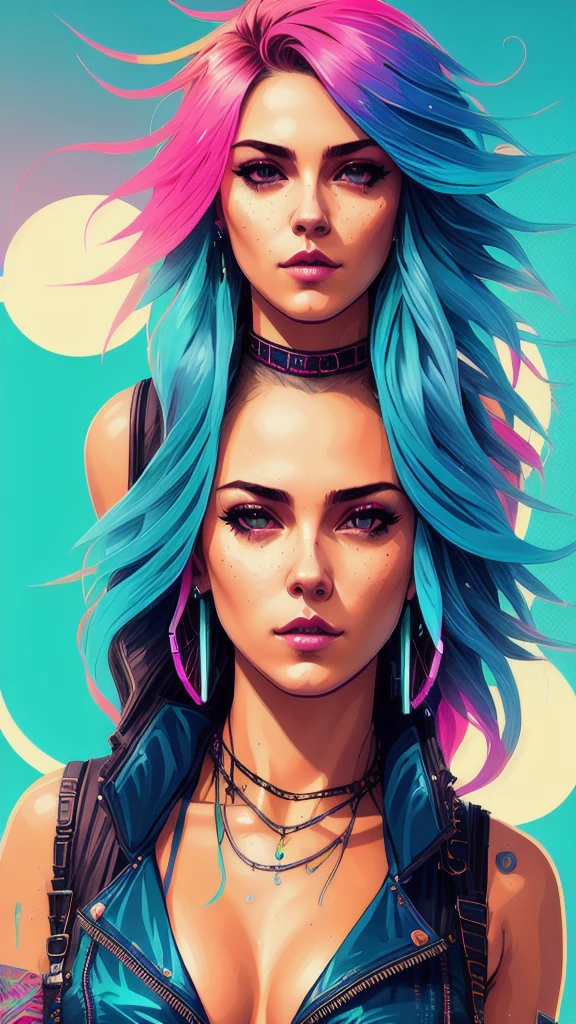 swpunk style synthwaveaward winning half-length portrait of a woman in a motel, big breasts and hot body naked, with teal navy blue ombre hairstyle with flying hair, paint splatters, splashes, overdrive, vaporware, shaded flat illustration, art digital, artstation trends, highly detailed, fine detail, intricate