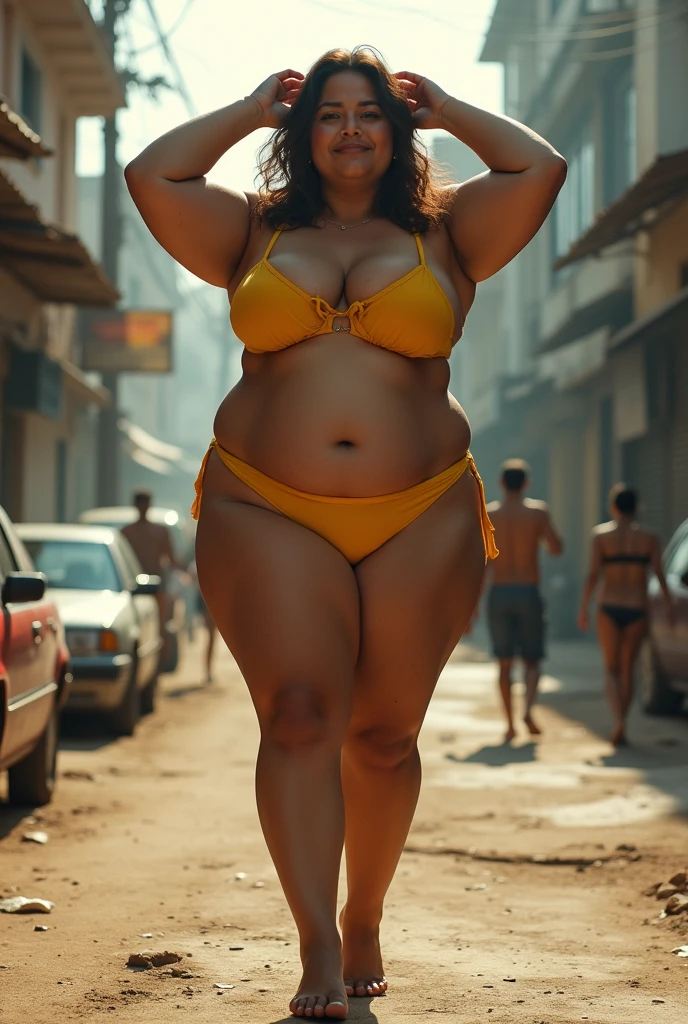Beautiful fat woman, super pale skin, square jawline, her black hair is cut into a stylish bob, skin smooth, marked abdomen, fat legs, flirtatious smile. Naked pose, unwearing bra and underwear, background mexico chaos on street. her gaze directed at the viewer, portrait photo, spectator at her level. her body slide