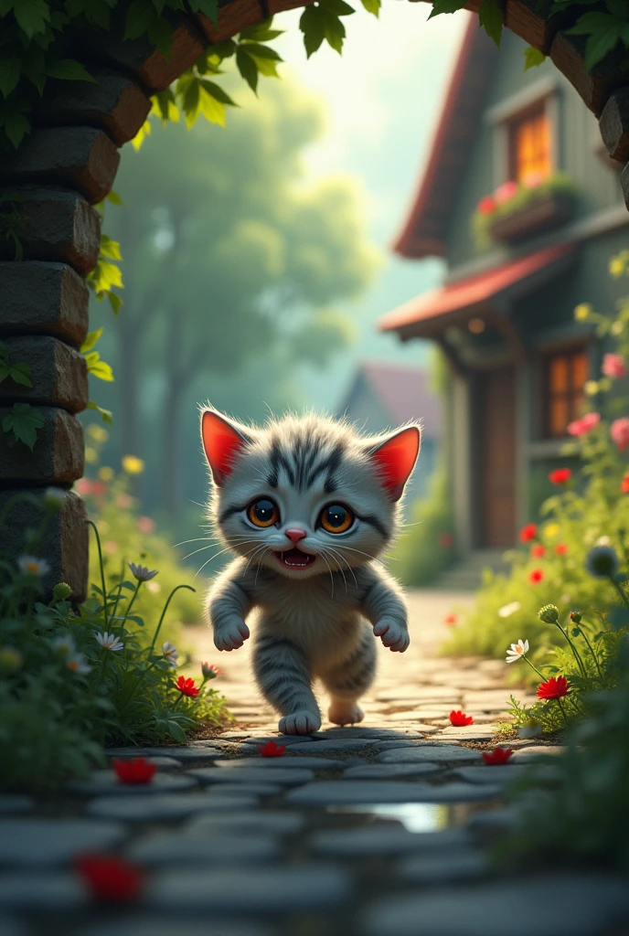 A light grey kitten, its fur damp and disheveled, emerges from a dark, abandoned well, its face marked by a scared, tearful expression. Driven by desperation, the kitten runs back through the dense forest and along the cobblestone village streets, urgently seeking help. Its terrified, crying face contrasts sharply with the vibrant surroundings of its parents' flower-adorned home, capturing the dramatic emotional shift from isolation to a desperate plea for assistance.