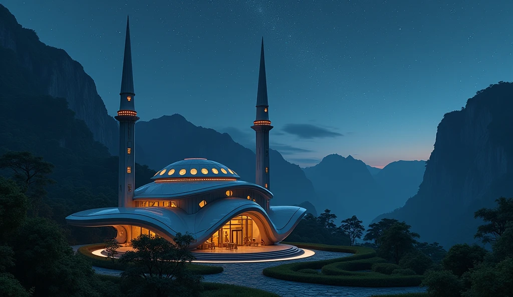 a tiny futuristic mosque with Minang architecture under the Harau Valley at night from a distant top view