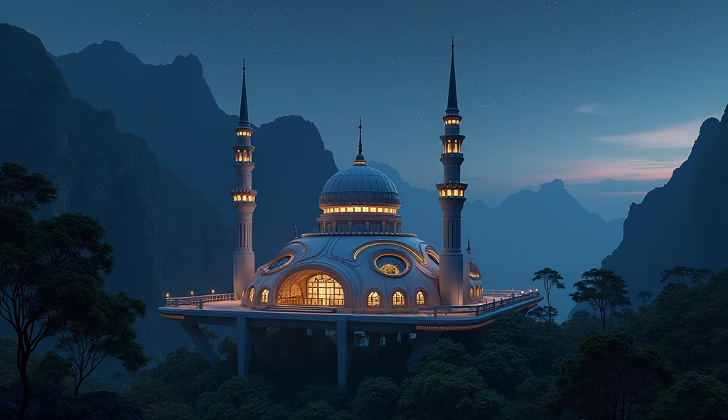 a tiny futuristic mosque with Minang architecture under the Harau Valley at night from a distant top view
