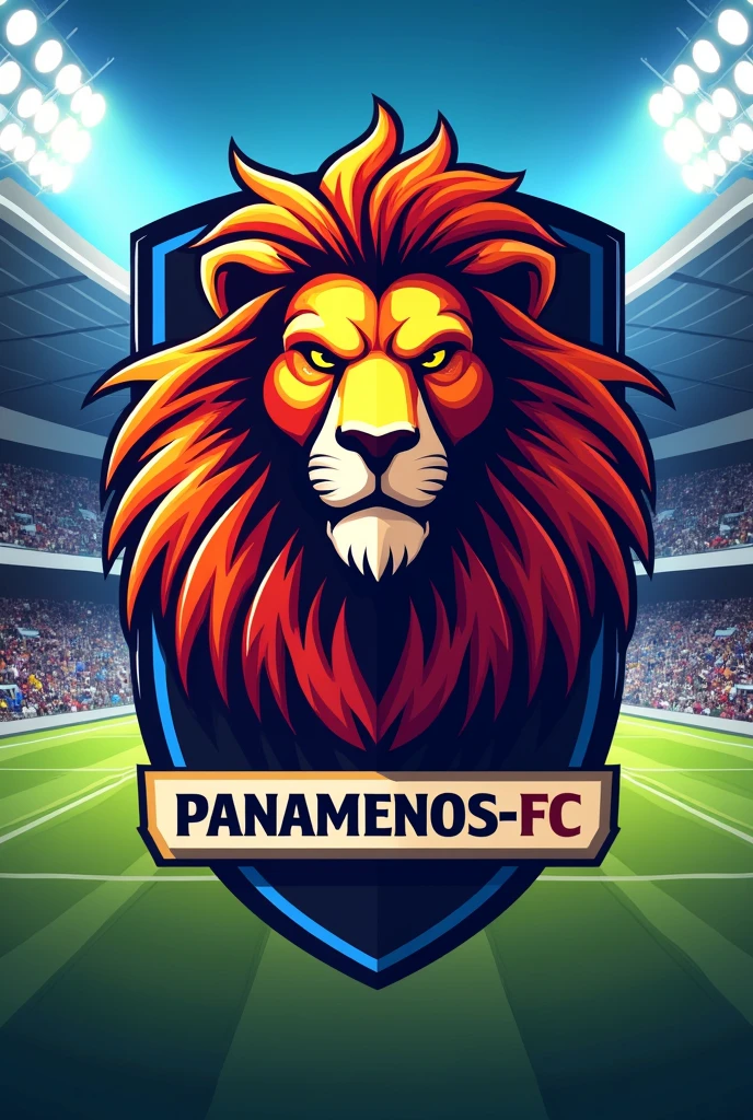 Soccer team shield that says Panameños-FC that has a lion with bright colors and a soccer stadium in the background.