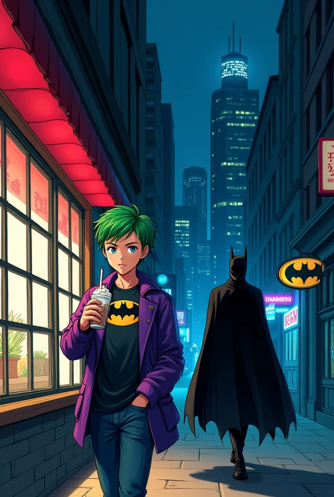 A  male teenager he has green hair, has blue eyes is wearing a Batman shirt and a Purple coat is drinking a milkshake, he is passing by a shop window and his shadow has eyes only at night and he is in Gotham City Batman is following him across the rooftops the image has to be from anime. And this ??? is the son of Batman and the Joker.