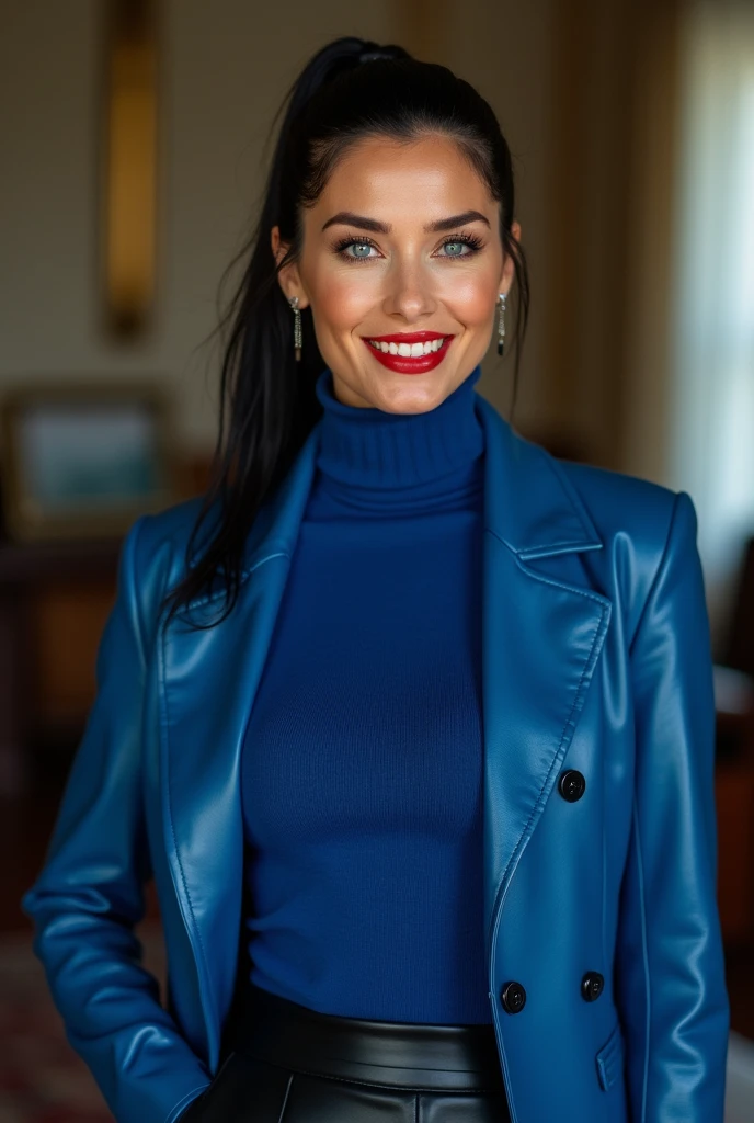 photo of a soaked and sweaty completly clothed horny prime minister of parliament woman with a sensual smile standing near her desk waitin for the man she loves , kim kardashian at 3 , ((incredibly clear blue eyes )) ( flirting with the camera)) (( red lipstick)) (( Kim kardashian is dressed with a blue leather tellier double breasted jacket blue turtleneck sweater , and a black long maxi-skirt(black long maxi-skirt:1.2 )) (( black ponytail hair)) (( she is wearing his favorite vintage grey silk gloves )) ( (( the photo is from up front ))