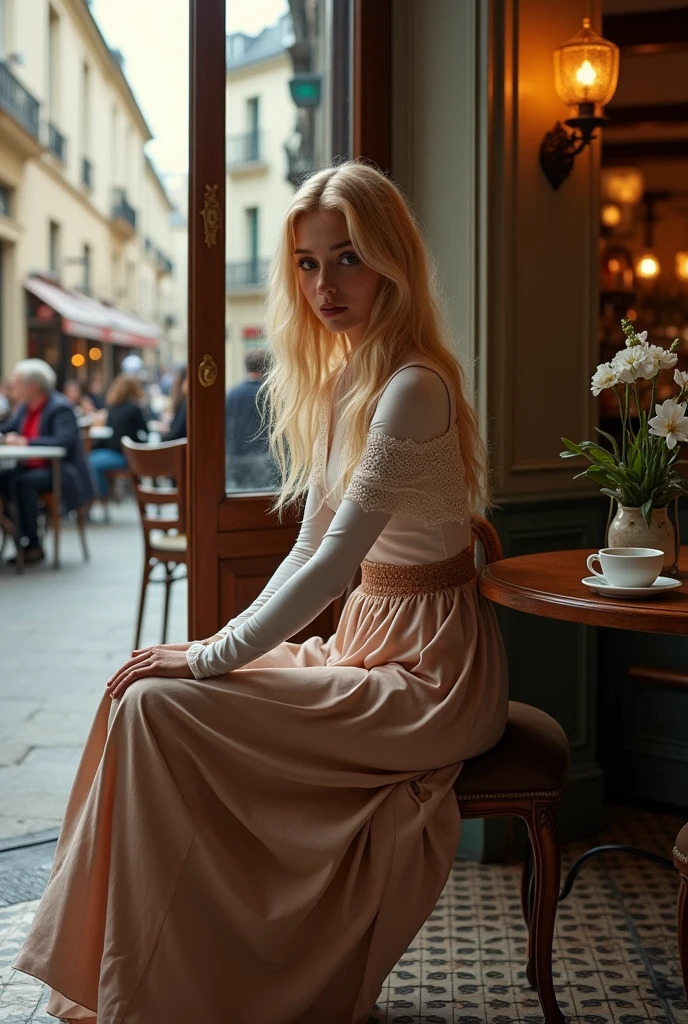a female, south american, young adult, slim body, thick blonde hair, Dressed in traditional Parisian clothing showing full body , Sitting in a cafe in Paris ultra 4K realista