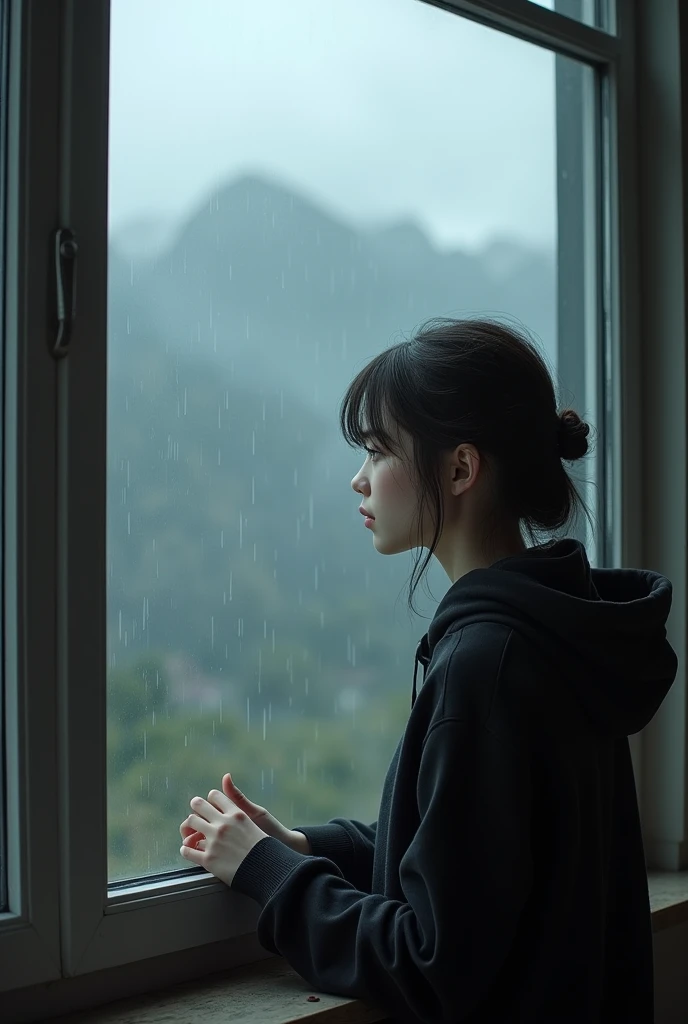 Crear me a portrait image of a beautiful white girl white a black hoodie on looking out her big window at a mountain but it is dim outside and light raining