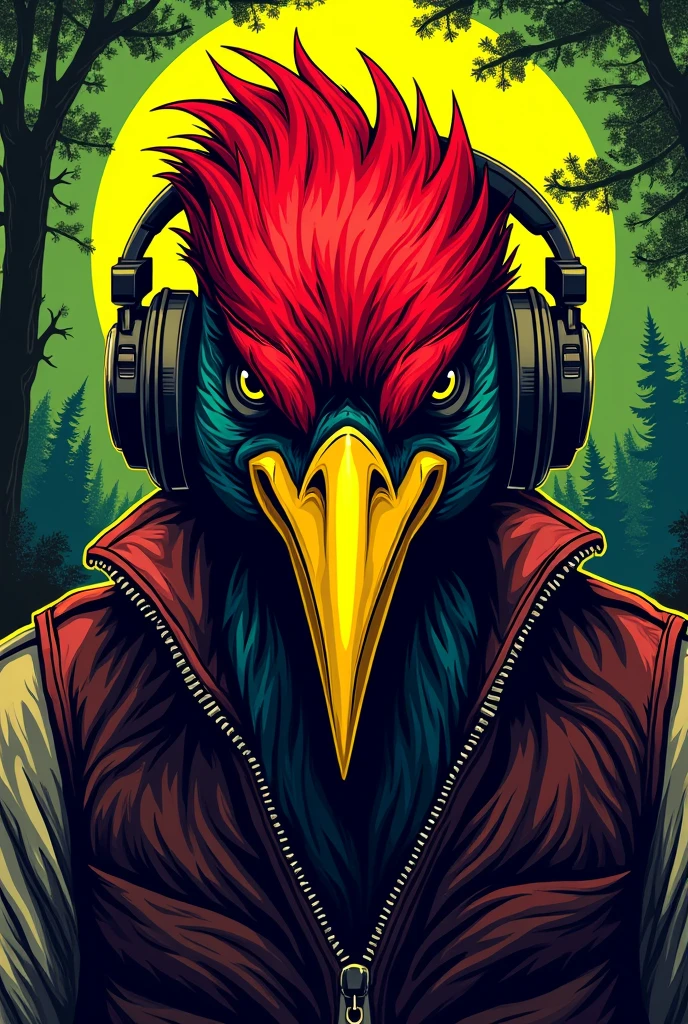 A vest with a cartoon illustration of a woodpecker's face, with an aggressive visual, using headphones. The feathers on the woodpecker's head should be red and black., and the long yellow beak. Place trees in the background and create a color balance of neon green and red
