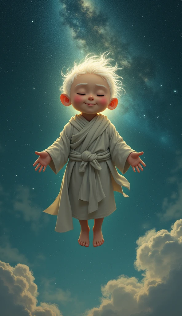 Semar floats in the vast expanse of the universe, his nearly bald, white hair glowing faintly under the light of distant stars. His round face, adorned with an eternal smile, reflects the cosmic wonders in his small, half-closed eyes. His plump belly and stout figure, wrapped in a simple cloth, emanate warmth and tranquility that seem to soothe the very fabric of space around him. His short arms stretch out gently, as if embracing the entire cosmos. His bare, sturdy feet touch nothing yet remain grounded, as though still connected to the earth he cherishes, while celestial winds whisper of eternal harmony.