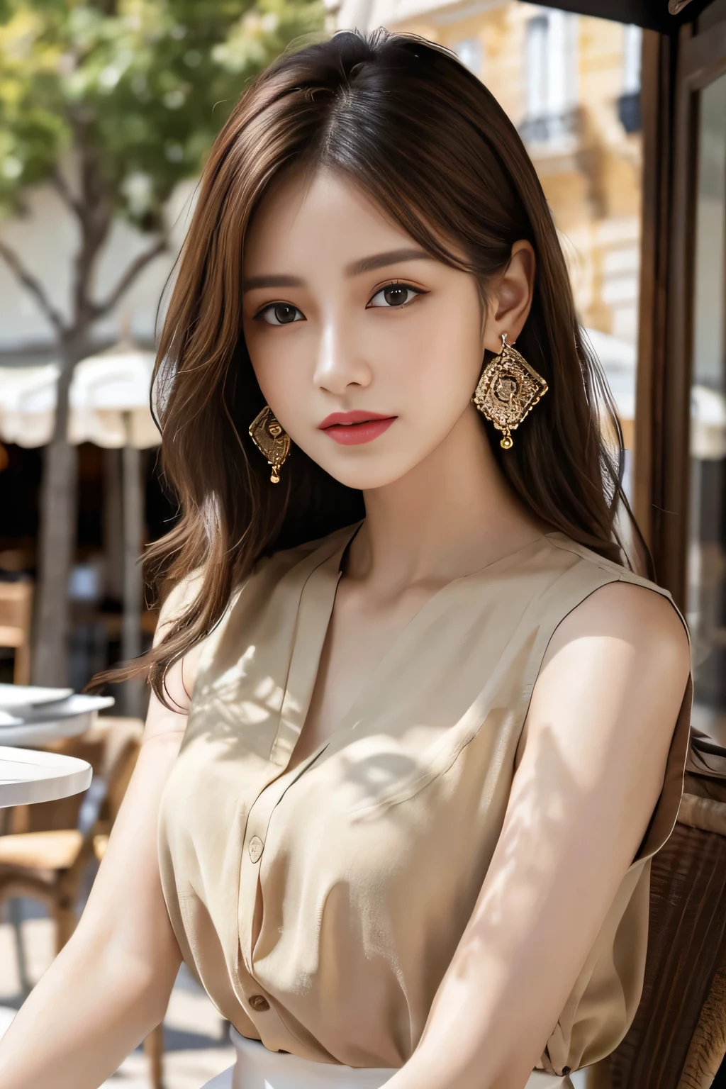 masterpiece, Highest quality, Realistic, Very detailed, Finer details, High resolution, 8k wallpaper, One beautiful woman,Wear a nice blouse, On the terrace of a lovely cafe, at noon, Light brown messy hair, Perfect dynamic composition, Beautiful and beautiful eyes、Big earrings、Sleeveless shirt、