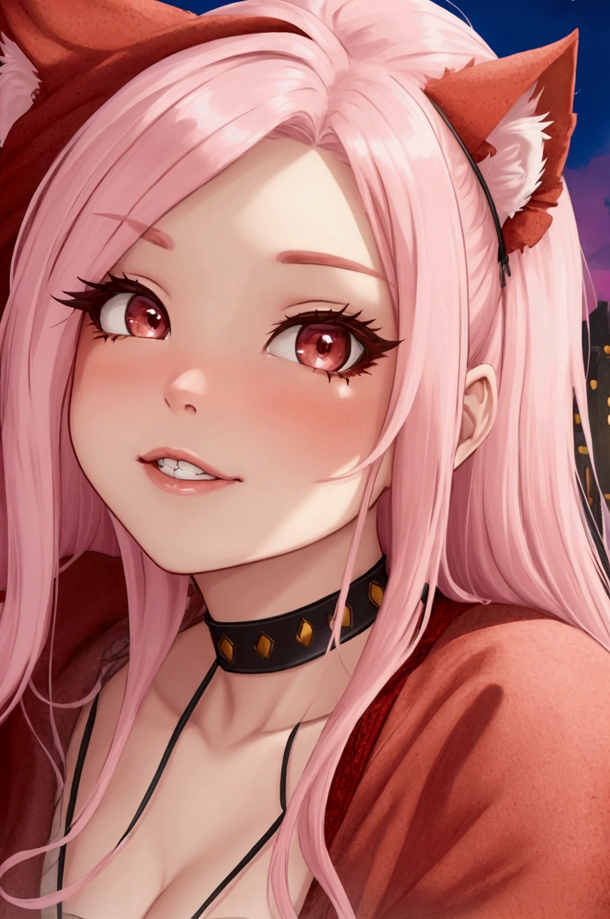 NFSW, work of art, linda arte, 8k, style of art by shaman240, very highly detailed face, detailed hair, detailed clothing, detailed fabric, 1 girl, beautiful face, long hair, light pink hair , model headshot, front camera, very detailed red cat eyes, sensual smile, close-up view, Zoom in, posing topless, necklase, chocker, rosy cheeks, night setting,
