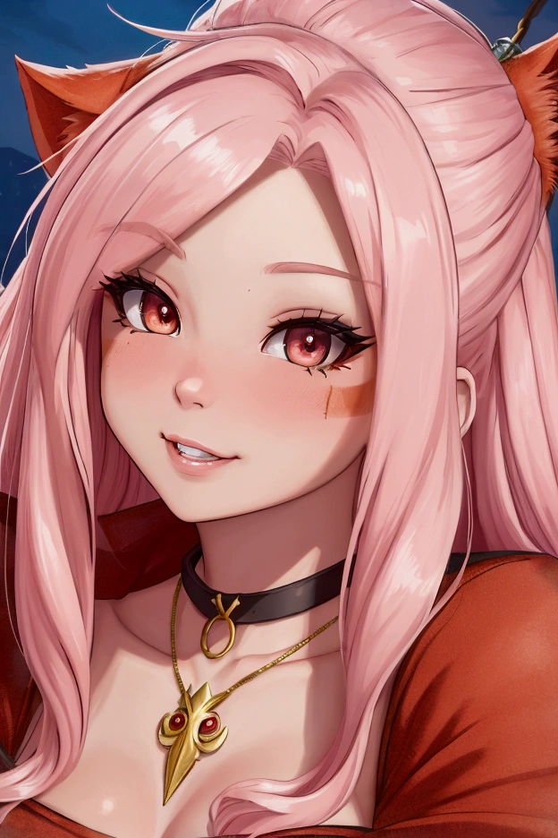 NFSW, work of art, linda arte, 8k, style of art by shaman240, very highly detailed face, detailed hair, detailed clothing, detailed fabric, 1 girl, beautiful face, long hair, light pink hair , model headshot, front camera, very detailed red cat eyes, sensual smile, close-up view, Zoom in, posing topless, necklase, chocker, rosy cheeks, night setting,