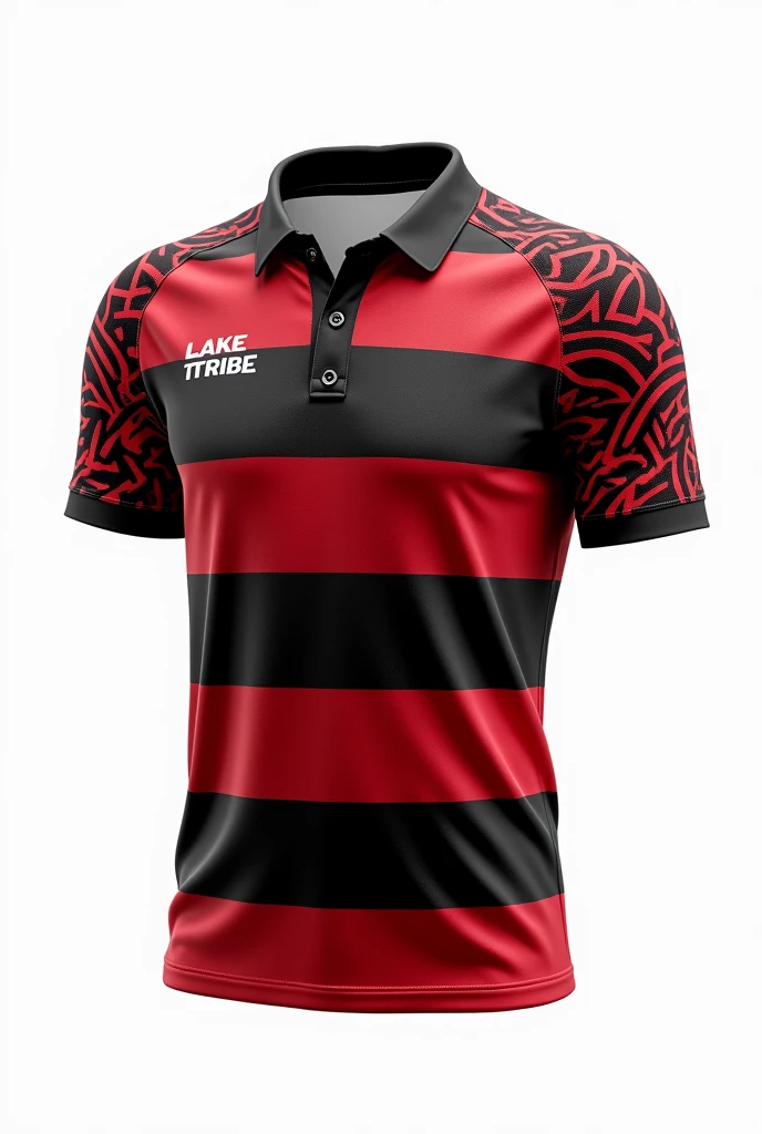 Create for me jersey on sleeve maori pattern  colour red black based white/black collar wrote lake tribe rugby white background jersey only no model clear design front view