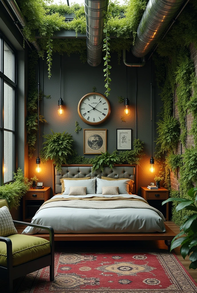 a cozy and aesthetic loft bedroom but the interior is biopunk with lots of vines and lush
moss everywhere even in the bed
the theme are combination of biopunk, cyberpunk, industrial, and steampunk
make it more inclined to retro future