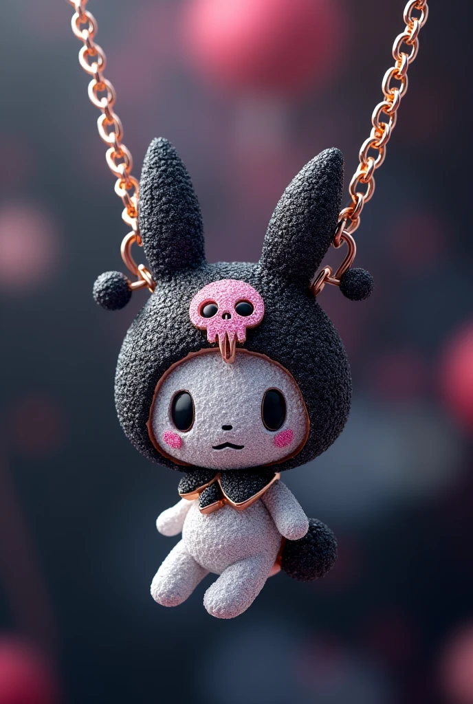 A Cuban-style chain necklace with a pendant featuring Kuromi is a fictional character. She is a naughty and somewhat rebellious bunny from the world of My Melody. Kuromi has a black hood with a pink skull in the center and a clown collar and a black demon tail, three-pointed triangular ears with two little balls on the tip of the female ear, and a white body. . Made of diamonds, diamond scraps facing forward.