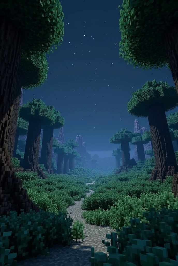 create a minecraft image at night on a plain with a jurassic appearance just the environment 