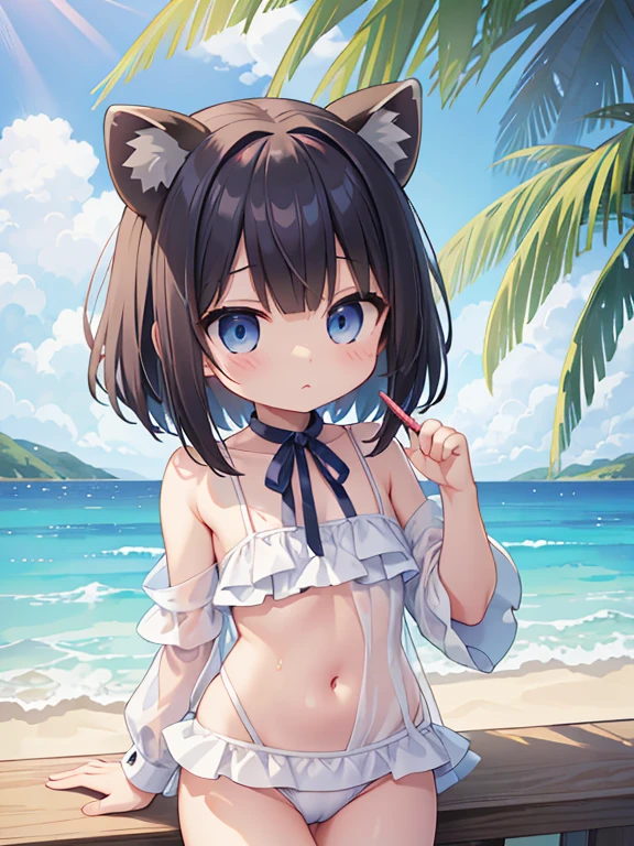 Young looking girl、under 、Completely naked、She was wearing no clothes, underwear, or swimsuit.、Cute pose。
Appearance、Raccoon ears on head、Layered bob hairstyle、Hair color is navy、Dark blue eyes、Collar with blue ribbon、A raccoon's tail coming out of his ass、A moderately plump body type、A cute atmosphere。
The background is a tropical beach resort bedroom、A view of a tropical beach with palm trees from the large window at the back。
A composition in which the whole body is included in the image、Moe drawings using pen and watercolor。