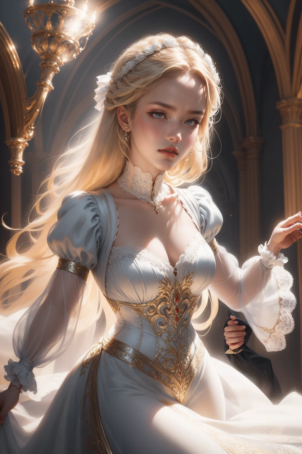(Masterpiece - Ultra-detailed, very high resolution) Prepare to be enchanted by a true masterpiece that combines ultra-detailed art with high-resolution rendering. This work depicts a mesmerizing woman with very long blond hair (1.3) and captivating light blue eyes (1.2), emanating an aura of elegance and mystery in Victorian settings. The intricate details and realistic textures invite you to explore every aspect of this enchanting composition. Woman wearing beautiful classic Victorian costume from the year 1878. Red lips. Happy face. Smiling. white dress. Dancing lightly, upper body, dynamic poses. Get ready to dive into a world where beauty and craftsmanship merge perfectly.