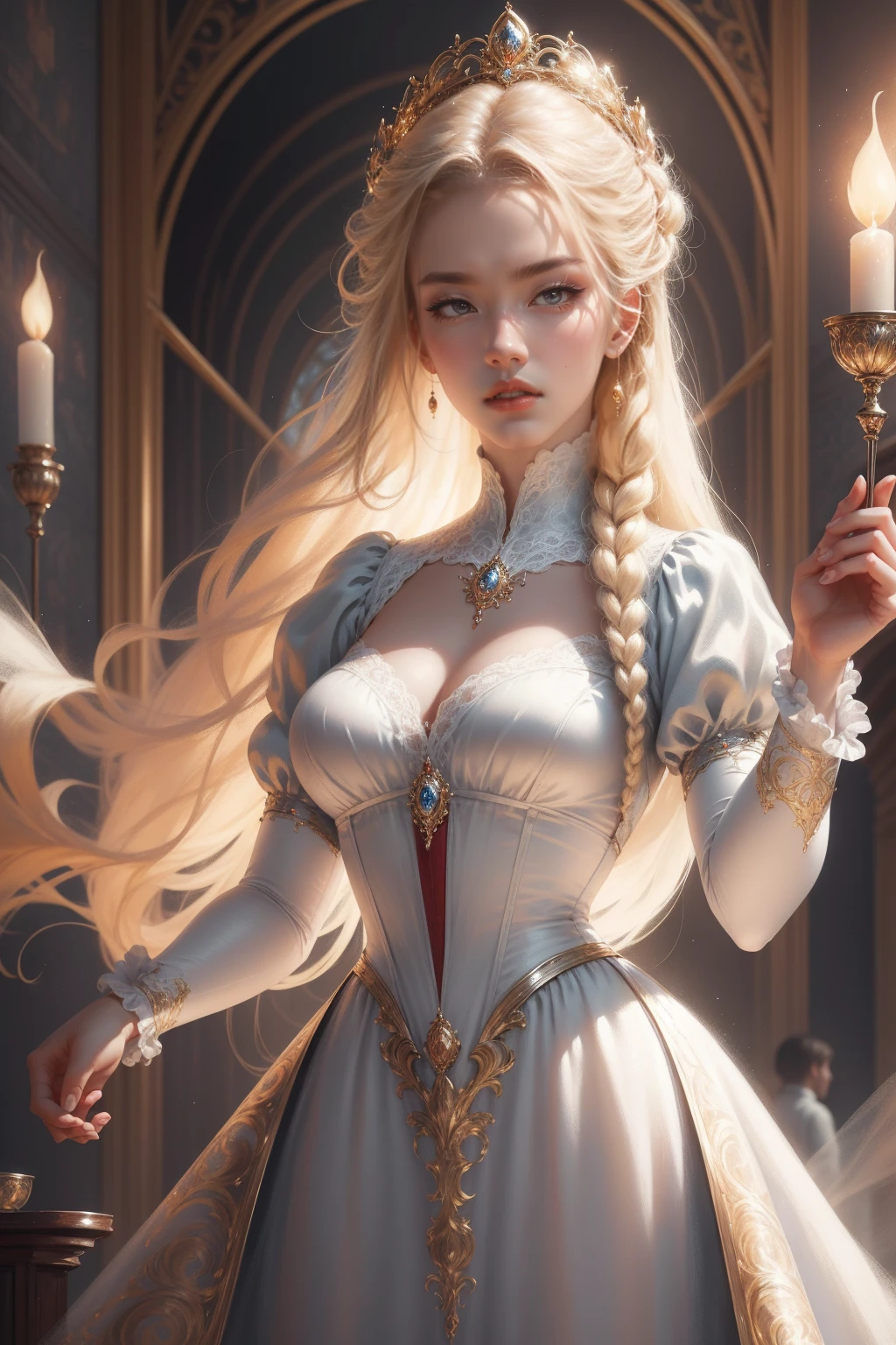 (Masterpiece - Ultra-detailed, very high resolution) Prepare to be enchanted by a true masterpiece that combines ultra-detailed art with high-resolution rendering. This work depicts a mesmerizing woman with very long blond hair (1.3) and captivating light blue eyes (1.2), emanating an aura of elegance and mystery in Victorian settings. The intricate details and realistic textures invite you to explore every aspect of this enchanting composition. Woman wearing beautiful classic Victorian costume from the year 1878. Red lips. Happy face. Smiling. white dress. Dancing lightly, upper body, dynamic poses. Get ready to dive into a world where beauty and craftsmanship merge perfectly.