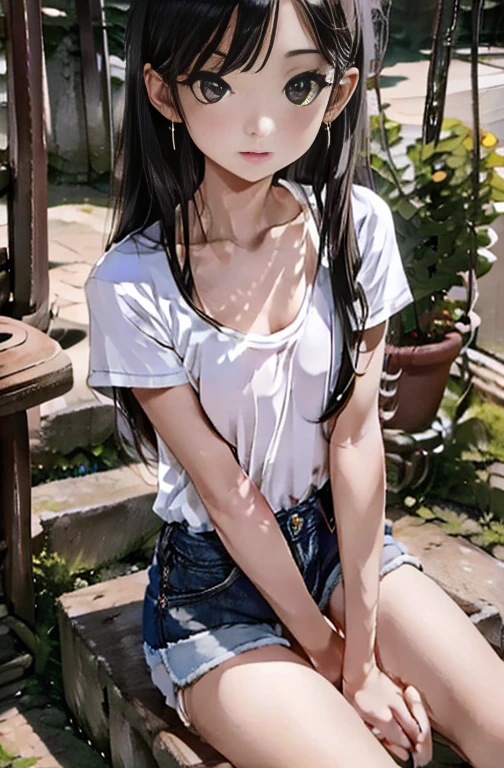 (((masterpiece,Highest quality:1.3,best quality illustration))),((realistic)),cowboy shot,solo,1woman,(Mature Beauty),black hair,straight long hair,forehead,center parted bangs,black eyes,(gorgeous big eyes),((very small head:1.2)),shy,tears,((very long body,skinny,slender body)),small breasts,gleaming skin,oily skin,(sweat,incontinence,peeing),denim micro shorts,navel、White tube top shirt,Back Alley、New York City、