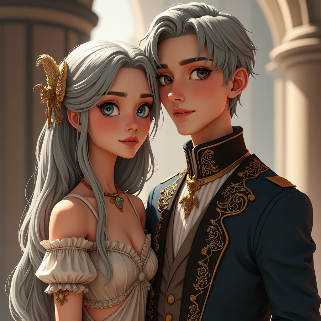 A young couple, about 25 years. She have a long gray hair, She is wearing a dress. He is a small gray hair, he is wearing a royal clothes. A couple pose. Realistic 