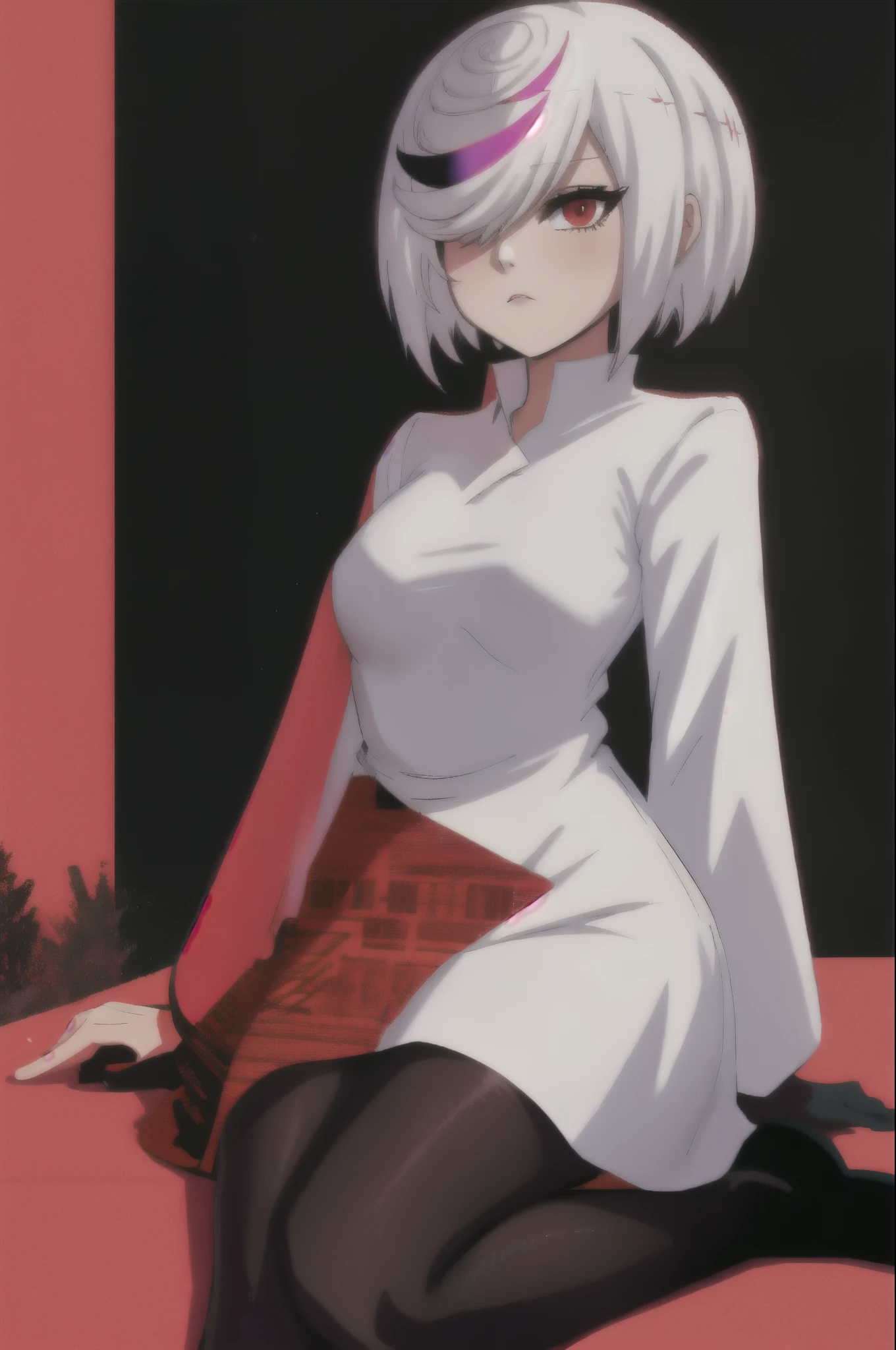 sthsage, Sage as an Adult, ((lower back length hair)), white hair, multicolored hair, hair over one eye, red eyes, black dress, black pantyhose, sitting, blank expression, ((lab background)), medium breasts, long sleeves,