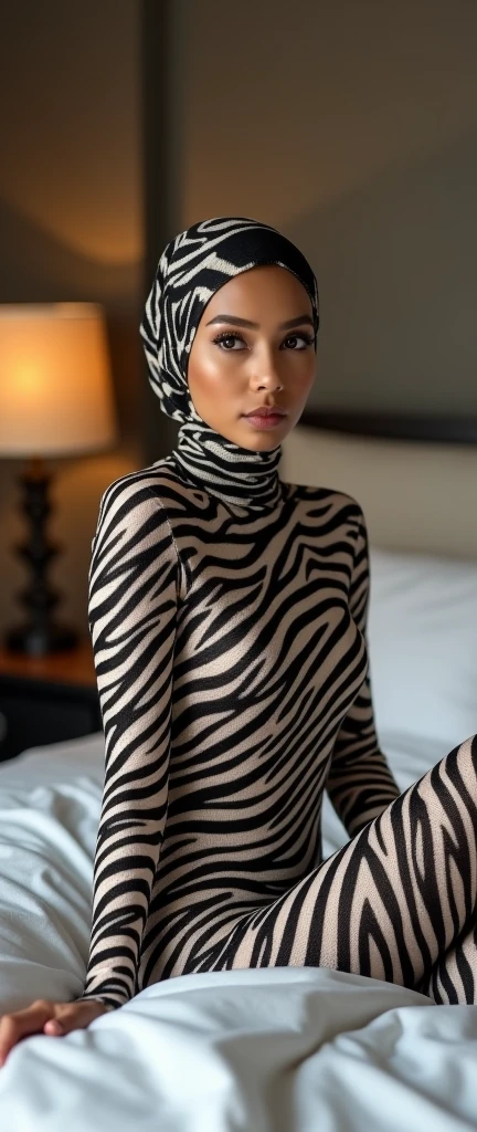 The most beautiful,thin,most pretty and clever Malaysian muslimah adult girl wears zebra print lycra turtleneck unitard catsuit covered with many stripes.She always wear zebra print lycra dancewear stretchy square hijab covered with many stripes.She sleeps on the bed like a catnap.