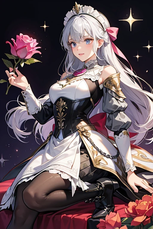 Noelle silver hair has a maid-inspired dress with a metal headdress, a breastplate, a pauldron on her left shoulder, and a cravat. Her attire is adorned with fuchsia roses and bows. Her dress has one bow at her hip and a second at her rear, upon which her Geo Vision sits. She wears black tights beneath her armored boots. SPARKLE; GLITTER