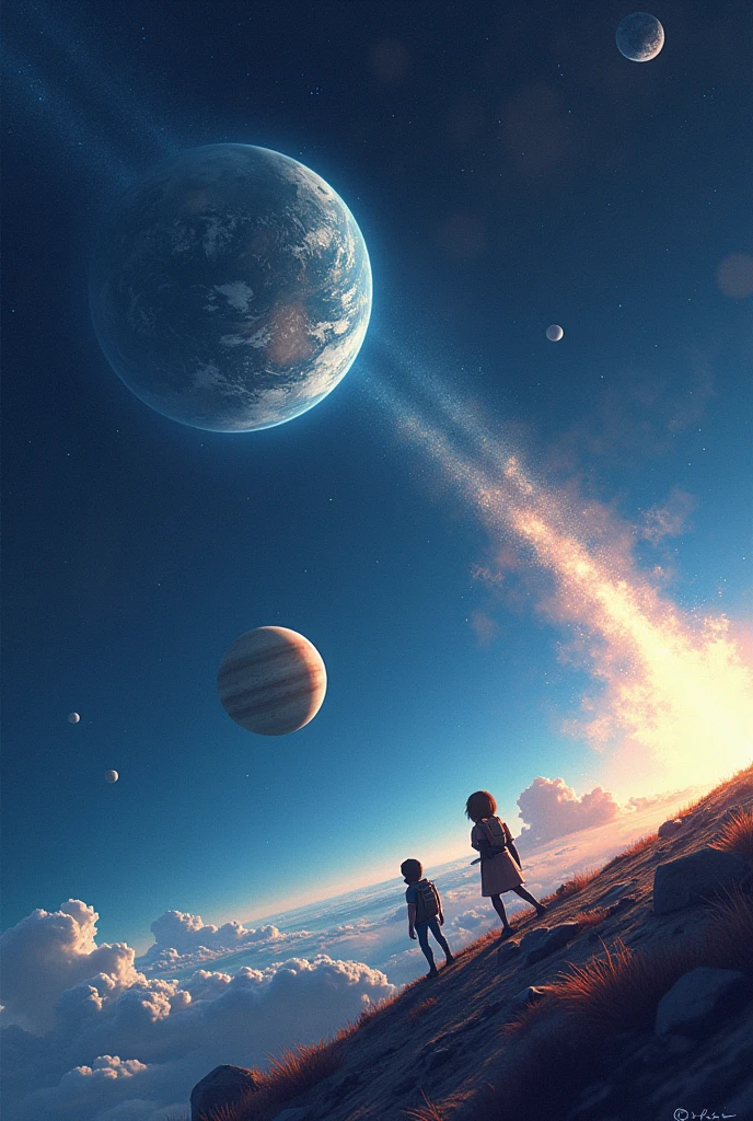 "That's a comet," said Sol. "It comes from the farthest parts of space and is made of dust., ice and rocks. Would you like to follow along and see where it takes us??"
officer, Always eager for a new adventure, He nodded enthusiastically. And so, They decided to embark on a journey through space together..
officer y Sol se lanzaron al cosmos, leaving the Earth behind. First they passed close to the neighboring planets.
"¡Mira, officer! It's Mercury!", said Sol. "It is the closest planet to me, that's why it's so hot."
They continued their journey and arrived at Venus., a planet shrouded in dense clouds.