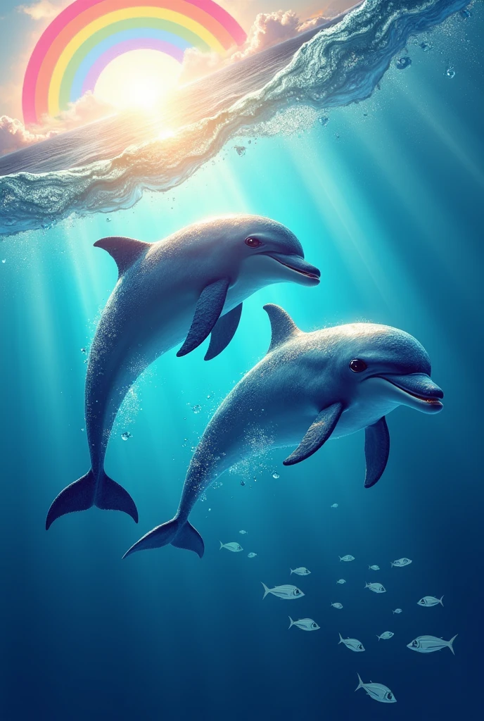 Create two colorful dolphins inside the sea with a rainbow in the background