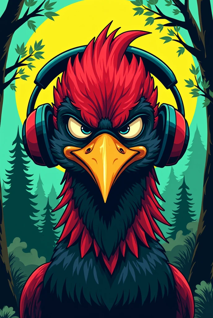 A mockup of a vest with a cartoon illustration of a woodpecker's face, with an aggressive visual, using headphones. The feathers on the woodpecker's head should be red and black., and the long yellow beak. Place trees in the background and create a color balance of neon green and red