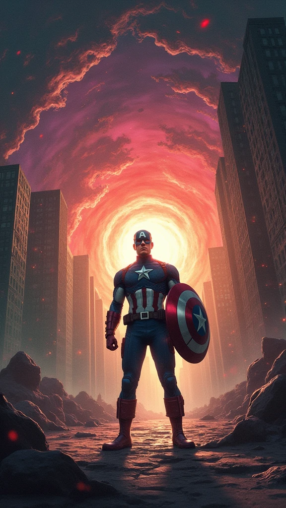 Illustrate Captain America standing in the midst of a collapsing reality, with the environment around him severely distorted and warped. His figure appears slightly twisted, as if being pulled in multiple directions by the forces of the temporal paradox. The shield he holds glows intensely, emitting pulses of energy in a desperate attempt to stabilize the chaos. The surroundings—buildings, trees, and even the ground—are stretched and twisted, curving towards Captain America at the center. The sky is a chaotic swirl of deep reds, purples, and greens, reflecting the unnatural state of the world. The ground beneath him is fractured, with pieces floating slightly off the surface, defying gravity. The composition is centered on Captain America, with the environment spiraling inward, creating a disorienting effect. In the background, faint fragments of past and future timelines are visible, adding layers of complexity. The atmosphere is chaotic and unsettling, with a sense of urgency as Captain America struggles to maintain his balance and composure. His face shows determination, tinged with fear, as he confronts the reality-threatening force. The scene should evoke the visual of a whirlpool, where reality spirals down into an abyss centered on Captain America, with vibrant, unnatural colors contrasting against the darker, twisted environment. The image should balance the surreal distortions with a clear focus on Captain America and his shield, ensuring the central elements remain recognizable amidst the chaos.