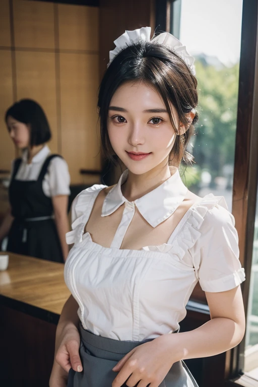 (2 pure Japanese girl,), (Small breasts:1.5,),(solo,,Textured skin, Detailed skin,Detailed face,Detailed eyes,detailed posing,Natural eyebrows,Sparkling Eyes,High detail, Highest quality, Super detailed, Surrealism, ,8k,RAW Photos,Photographicism,Professional Lighting,Ray Tracing,Portrait Photography,Soft Light),((Black Hair, Natural Makeup,Simple earrings, Bob Hair,smiling)),(((Coffee shop,Red apron,Maid Head Accessories, Composition from the waist up,Standing pose, bustle skirt,White blouse,Ribbon on collar)))
