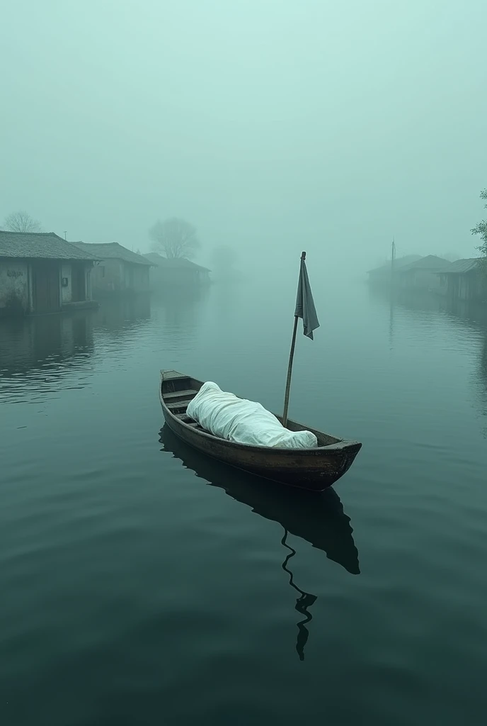 A flooded village in india where everything is submerged. The water everywhere seems like the sea. A body wrapped in a white cloth is floating on a boat in the middle of that water. And there is a flag on that boat