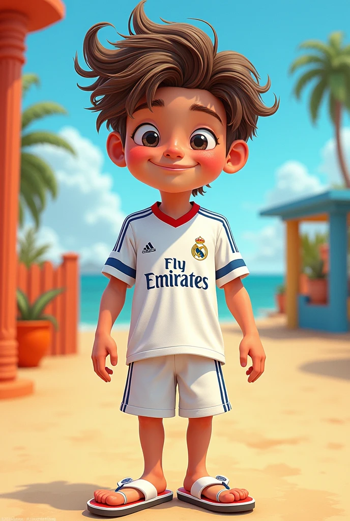 Create a cartoon! With a Real Madrid team shirt! With white flip-flops and a faded haircut!