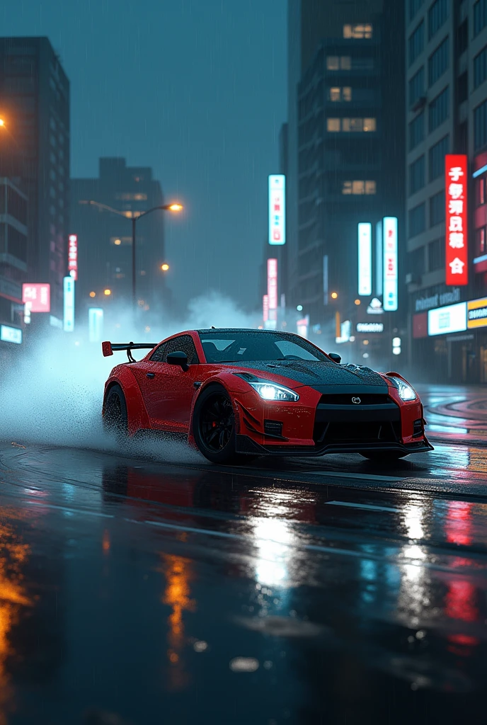 A car drifting on a track on a rainy night in Japan