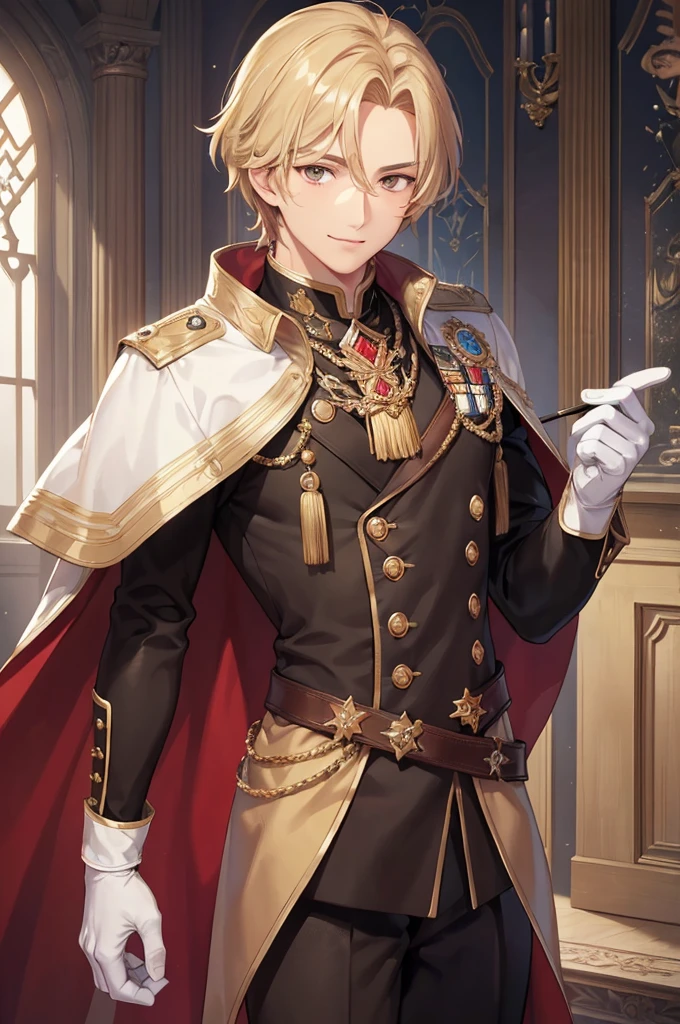 ((masterpiece, best quality)), detailed eyes, 1 man, brown eyes, masculine, short honey-blond hair, fantasy manor interior background, clear background, handsome, calm smile expression, prussian tunic, justice balance scale badge, oneside cape, gloves, close-up, front view, medium shot
