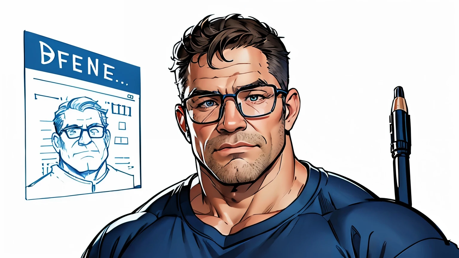 DClark, D_Clark, a sketch of a strong man, 25yo, with glasses, drawn on paper with a blue ballpoint pen, on an office, simple lines, poor drawing, light background, cartoon style, caricature, simple lines, simple drawing, colored pencil