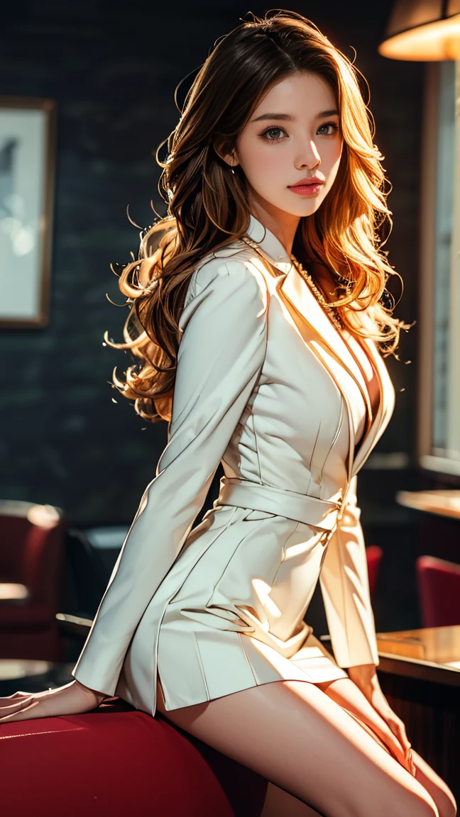 (Very detailed, Realistic, Highest quality, 4K, 8k, High resolution, masterpiece:1.3), An attractive flight attendant with a graceful and elegant figure. Erin Anderson is tall and slender, long, Long, wavy, golden blonde hair styled in loose curls. She has attractive, friendly, bright green eyes.. She is wearing a provocative white silk uniform., Pair it with a blazer jacket, Short flared skirt, Black high heels, Silk scarf, Side Cap. Her attitude is friendly and approachable, With a radiant smile that enhances her warm presence. The background is smooth, A modern private jet parked on the runway, Emphasise your role as an elite flight attendant. This scene captures her polished and professional appearance., highlighting her elegance and the luxurious environment in which she works, (Intricate details, Very finely crafted needles, Very finely crafted fingers, Full-body showcase, Show whole body).（Long hair that reaches down to the buttocks:1.5）((とてもlong髪))((Hotel reception background, Blurred Background:1.4)),