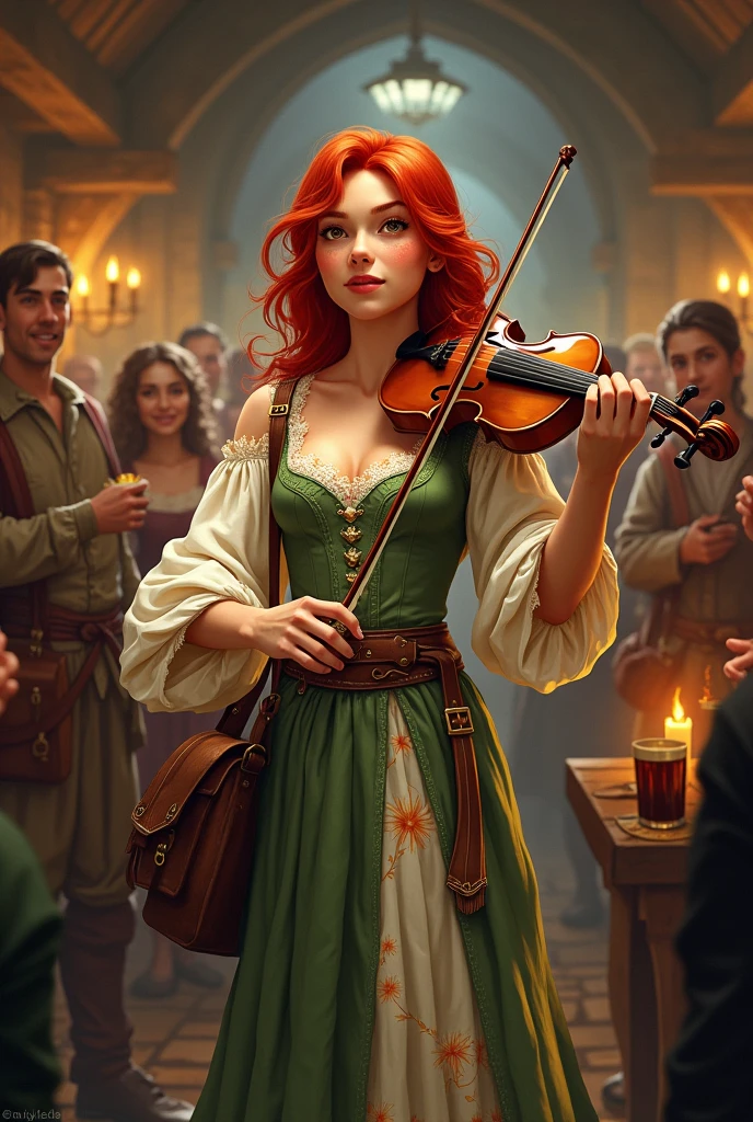 20 year old redhead fairy, eyes browns,wearing a floral medieval dress, with an adventurer's bag on the side of the body, in a tavern while playing the instrument fight (bard) Happily, adventurers all around smiling and drinking all looking medieval