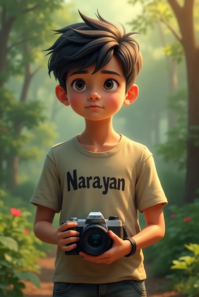 There is a  boy with a camera in his hand, Narayan written on his t-shirt, he is dreaming of becoming a photographer dream