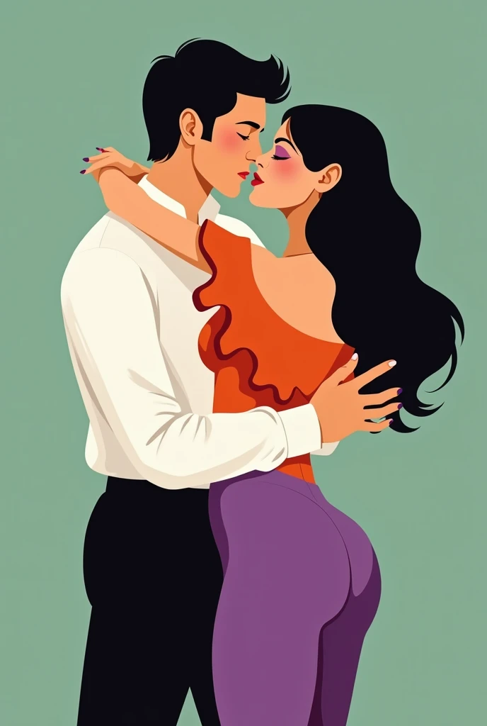 Latin dancers couple being intimacy together. A man with black hair and a white long sleeve shirt and black panty. A woman with orange ruffle off the shoulder top and purple leggings. Eyes closed, and kissing. Vector illustration, minimalist, flat color, green background 