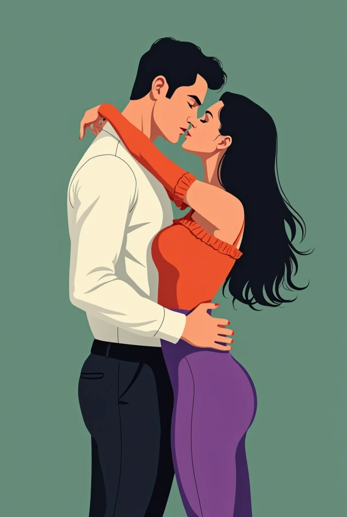Latin dancers couple being intimacy together. A man with black hair and a white long sleeve shirt and black panty. A woman with orange ruffle off the shoulder top and purple leggings. Eyes closed, and kissing. Vector illustration, minimalist, flat color, green background